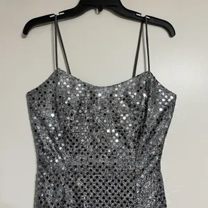Vintage 90s‎ Silver Sequin Maxi Dress Spaghetti Strap Side Slit Gown Size 10 USA thumbnail 2