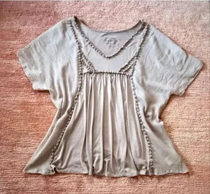 Nine West 996 Beaded Beige Boho Top Tunic Size L thumbnail 1