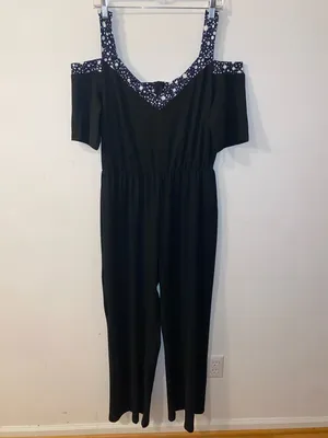 Black V-Neck Cold-Shoulder Pant Jumpsuit Size XXL Like New thumbnail 2