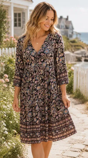 Billabong Womens‎ Floral Cotton Boho Midi Dress Long Sleeve Tiered Small thumbnail 1