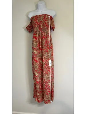 Women's Earthbound Trading Red Beige Paisley Off-Shoulder Maxi Dress XL thumbnail 7