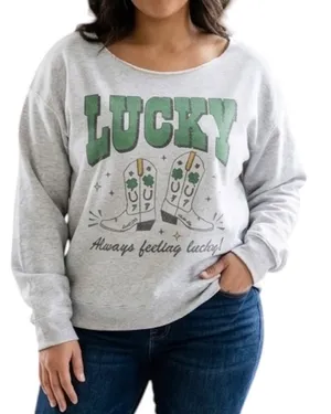 Lucky Sweatshirt Cowgirl Country Western Gray Green L Oversized thumbnail 1