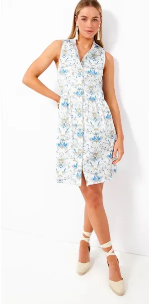 Tuckernuck Blue White Floral Shirt Dress Sleeveless Preppy‎ Resort M thumbnail 1