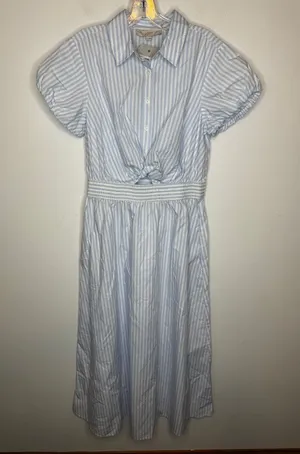 Loft Blue White Striped Midi Dress Puff Sleeve Button Front Tie Waist Size S thumbnail 1