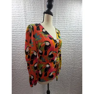 Farm Rio for Anthropologie Toucan Print Wrap Top Orange Yellow Beaded Tassel XS thumbnail 4
