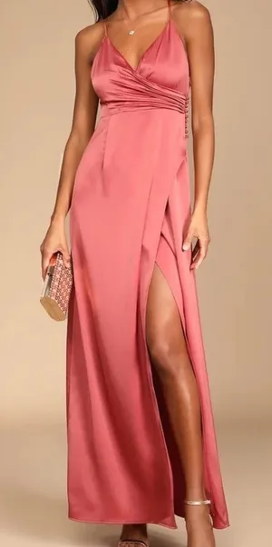 Lulu’s Outstanding Elegance Deep Rose Satin Surplice Maxi Dress Pink XL thumbnail 1