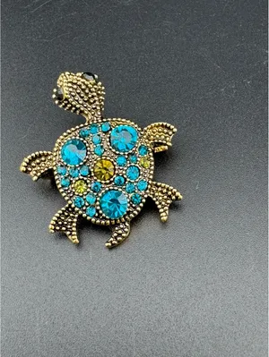 Gold Tone Turtle Brooch with Blue and Green Rhinestones thumbnail 2