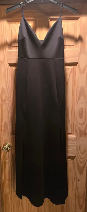 Sleek Black Midi Slip Dress with V-Neck Spaghetti Straps Large thumbnail 1