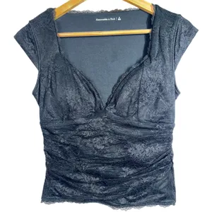 Abercrombie & Fitch Black Floral Lace Ruched Crop Top Blouse Womens Size S Small thumbnail 2