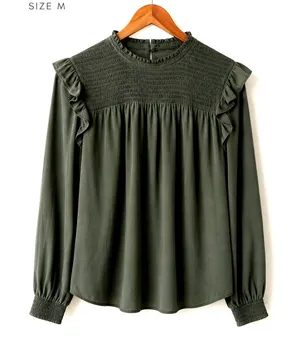 LOFT Flutter Sleeve Smocked Yoke Blouse Medium Green Long Sleeve Top thumbnail 1