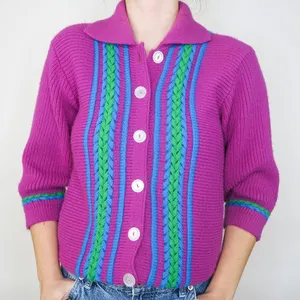 Vintage 70s Purple Collared Cardigan Sweater thumbnail 3