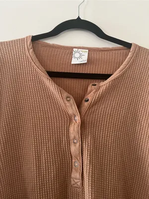 Offline by Aerie Waffle Knit Henley Top Medium Tan Oversized Long Sleeve Lounge thumbnail 3