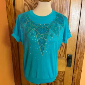 Vintage 80s Teal Gold Glitter Geometric Graphic Top Metallic Print Shirt thumbnail 6