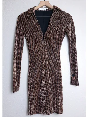 ASTR Nia Metallic Houndstooth Mini Dress XS Copper Black Vneck Jersey Stretch thumbnail 5