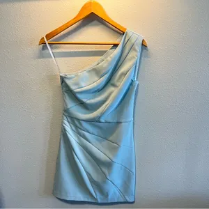 NEW Michael Costello x Revolve Ice Blue Ava One Shoulder Mini Dress thumbnail 2