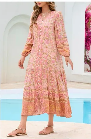 Women’s Boho Floral Maxi Dress Size M Pink Button Front Long Sleeve Rayon thumbnail 1