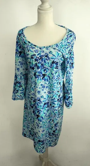 LILLY PULITZER Blue Floral 3/4 Sleeve Dress Size Medium thumbnail 1