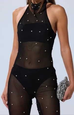 Akira NWT black sexy Alex mock neckline backless Rhinestone Mesh Jumpsuit XL thumbnail 3
