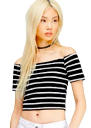 Forever 21 Horizontal black and white striped off the shoulder trendy y2k look crop top S thumbnail 1