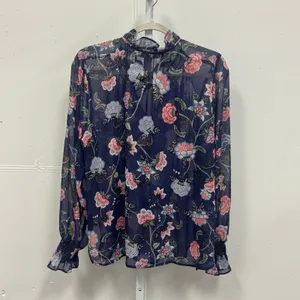 LOFT Floral Chiffon Ruffle Tie Neck Smocked Cuff Blouse Large Navy Blue Sheer thumbnail 2