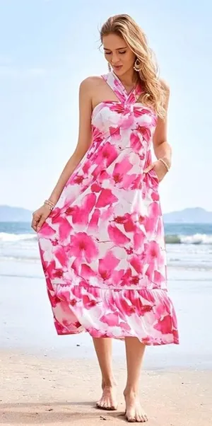 Grace Karin Criss Cross Halterneck Flowy A Line Maxi Dress in‎ Pink Watercolour thumbnail 1