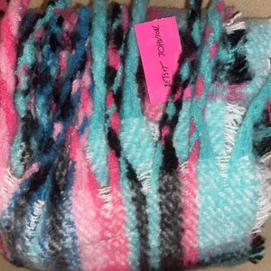 Betsey Johnson fuchsia turquoise black plaid blanket scarf NWOT thumbnail 2