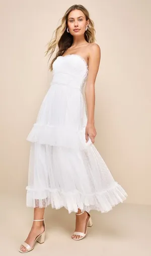 Lulus Women L White Tulle Swiss Dot Strapless Tiered Midi Dress NEW Romantic thumbnail 1