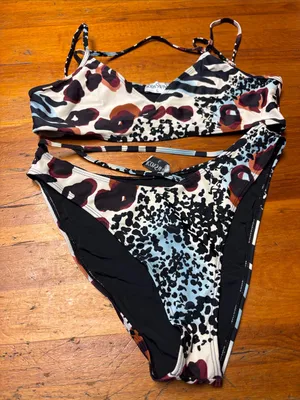 Icon Swim Abstract Animal Print Bikini Set in Cream, Black & Rust thumbnail 1