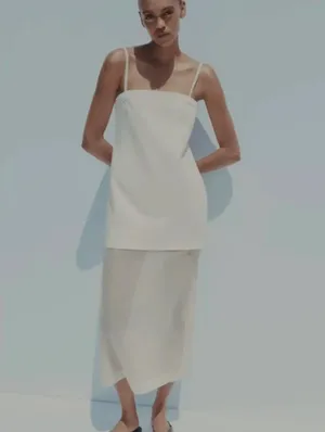 Zara Ivory Midi Dress With Straight Neckline And Sheer Hem Size L thumbnail 2