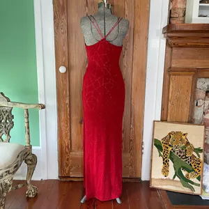 J USA Red Beaded Strappy Back Y2K Maxi Evening Dress Vintage 90’s Sz Large💛🍄 thumbnail 8