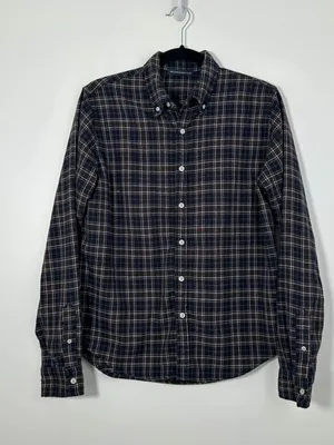 Brandy Melville Plaid Button Down Long Sleeve Shirt Navy Brown One Size thumbnail 1