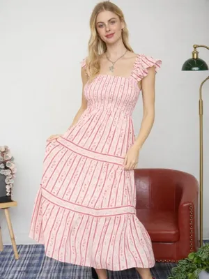 Blu Pepper Stripe Floral Pattern Smocked Tiered Midi Dress Last One Size Small thumbnail 2
