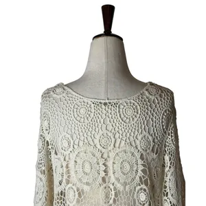 QED London Crochet Sweater Women Small Ivory Sheer Medallion Boho Coverup Hippie thumbnail 7