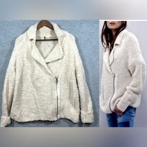 Free People Womens S Sweater Wool Blend Cream Fuzzy Jacket Asymmetrical Zip‎ thumbnail 2
