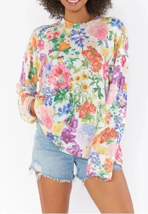 Show Me Your Mumu Sue Cuffed Tunic Sweater M Ivory‎ Botanical Floral Knit thumbnail 1