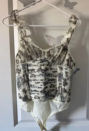 Free People Cream Floral Smocked Bodysuit Tank thumbnail 1