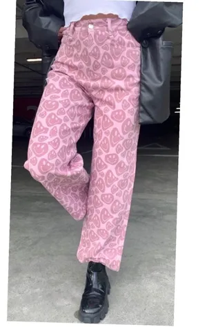 Shekou Pink Smiley Face Print High Waisted Wide Leg Jeans Womens Medium NEW thumbnail 1