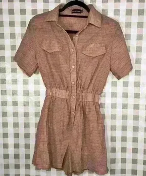 PRETTY LITTLE THING Women RomperSz 4 Small Button Up Brown Stripe Femine Chic thumbnail 1