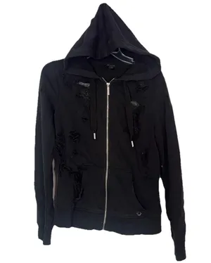 True Religion Full Zip Up Distressed Destroy Hoodie Black Ripped Mesh Goth Emo thumbnail 1