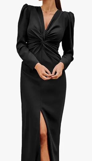 PRETTYGARDEN Women's Spring Fall Fashion Long Puff Sleeve Maxi Dresses V Neck Twist Front Formal Dress with Slit thumbnail 1