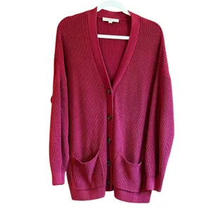 LOFT Womens XL Burgundy Red Shaker Stitch Cotton Button Front Cardigan Sweater thumbnail 3