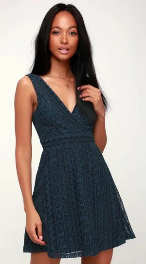 Lulus Navy Blue Lace Skater Dress thumbnail 2