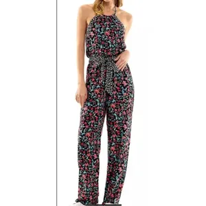 Kingston Gray Jumpsuit Womens Large Floral Black Tie‎ Halter Whimsy Hippie Boho thumbnail 3
