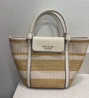 kate spade new york Cruise Women's Medium Striped Straw Tote Bag - Parchment EUC thumbnail 1