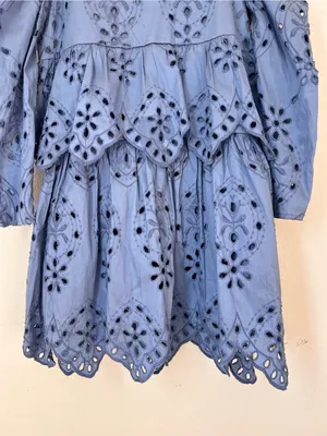 Zara Blue Floral Eyelet Mini Dress XS 100% Cotton Long Sleeve Cottagecore thumbnail 6