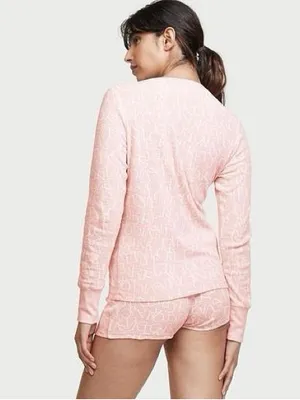 Victoria’s Secret Logo Waffle Knit Thermal Long Sleeve & Short Set Pink Medium thumbnail 2