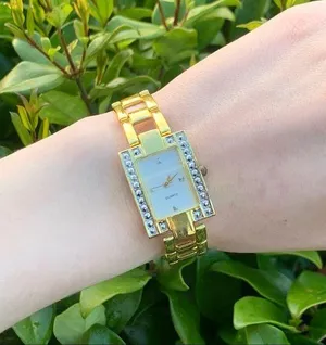 Haband Gold Color Quartz Watch Rectangle Face w/ Chain Link Band // thumbnail 1