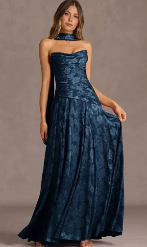 BRAND NEW Azazie Navy Blue Strapless Jacquard Evening Gown with Scarf thumbnail 1