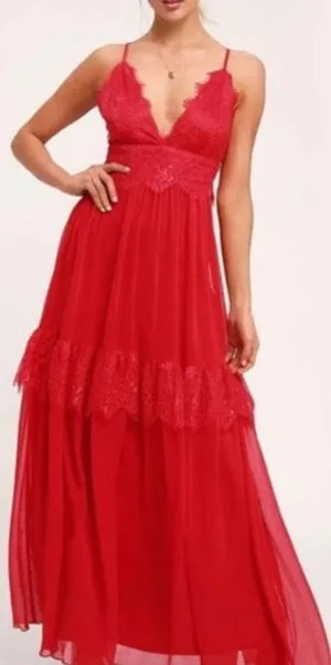 Lulus Red Lace Tiered Maxi Dress Small NWT Sleeveless V-Neck Formal Gown thumbnail 1