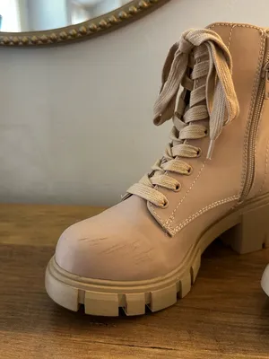 Women's Beige Lace-Up Chunky Heel Combat Boots thumbnail 2